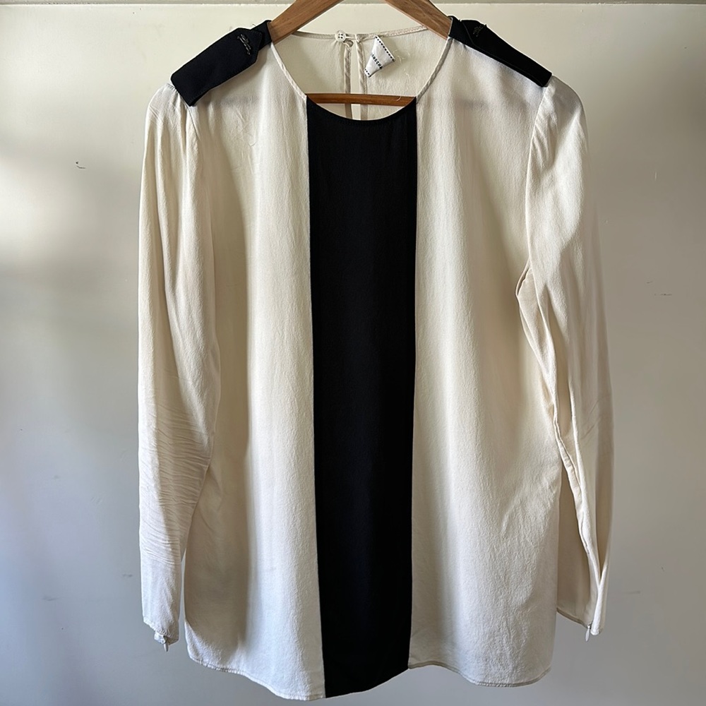 New Longchamp silk equestrian military epaulette color-block minimalist blouse - Picture 1 of 11